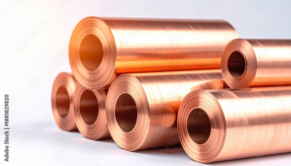 Fototapeta premium Copper rolls stacked on a white surface showing their shiny texture and cylindrical shape in a simple arrangement