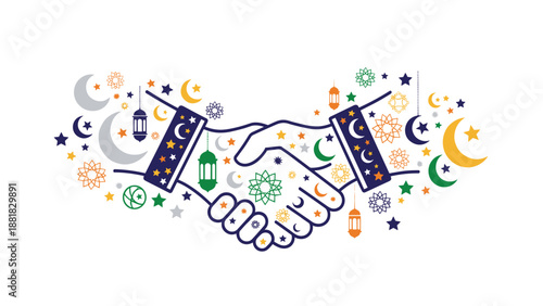 Handshake with Islamic Symbols Celebrating Unity and Peace, Generative AI.