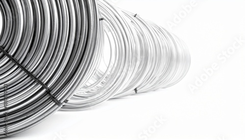 Metal wire rolls arranged in a neat line on a white surface showing the shiny texture and circular form of each roll