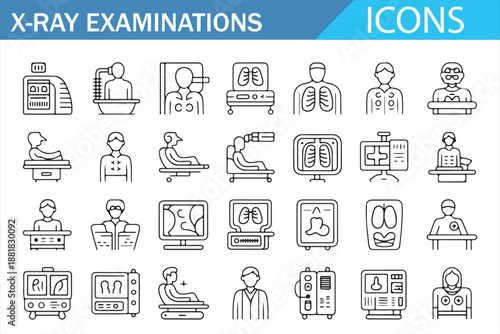 Medical X-ray examination line icons set for radiology and diagnostic imaging