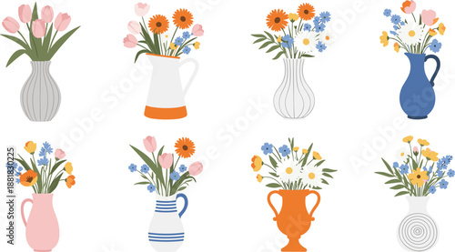 Decorative floral vase collection illustration featuring spring flowers, tulips and wildflowers in ceramic pitchers, modern botanical vector set isolated on white background