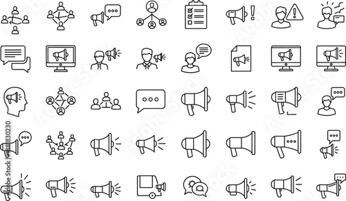 Communication and marketing line icon set featuring megaphones, announcements, teamwork, notifications, chat bubbles, business people, and promotion symbols isolated on white background