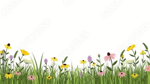Colorful Wildflowers in Green Grassy Field.