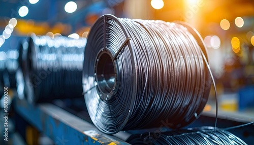Steel wire reels in a factory setting during evening hours with bright lights