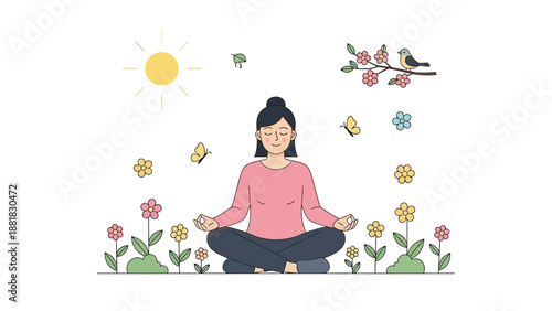 Woman Meditating Surrounded by Flowers and Butterflies.