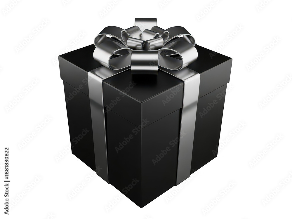 Obraz premium Black gift box with silver ribbon and bow on top isolated on transparent background