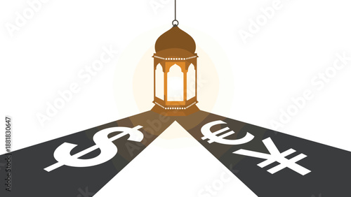 Islamic lantern illuminating dollar euro and yen currency symbols, Generative AI.