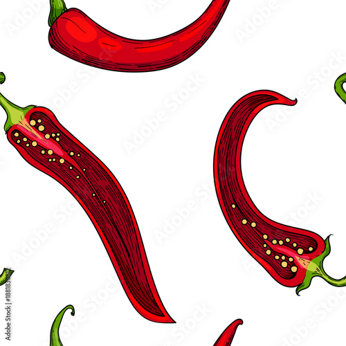 Seamless pattern featuring red chili peppers with green stems. Hand-drawn decorative illustration