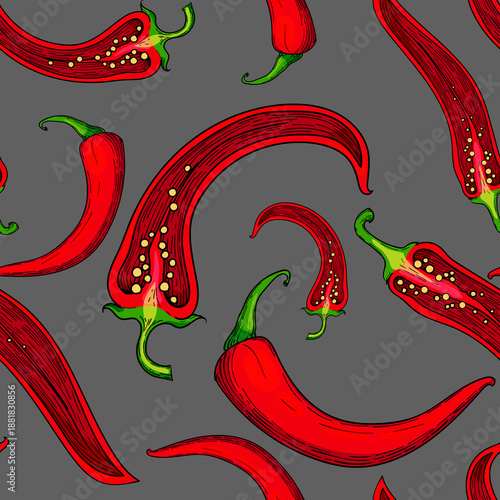 Seamless pattern with red chili peppers