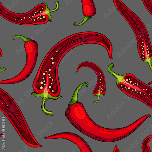 Seamless pattern featuring red chili peppers with green stems. Hand-drawn decorative illustration