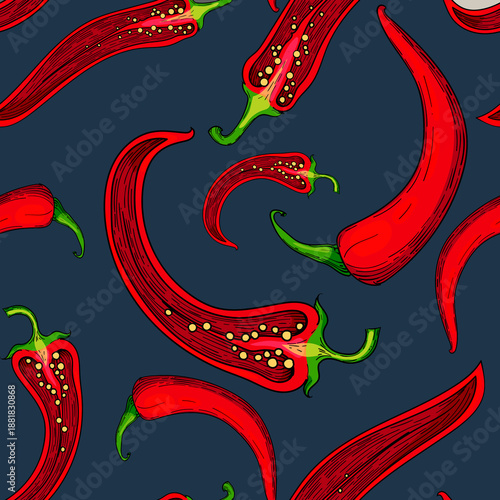 Seamless pattern with red chili peppers hand-drawn illustration featuring spicy chili pods with seeds and green stems, arranged in an ornamental repeating design.