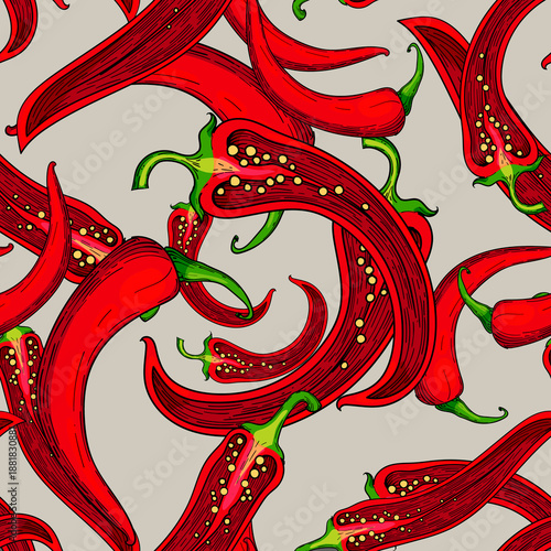 Seamless pattern featuring red chili peppers with green stems. Hand-drawn decorative illustration
