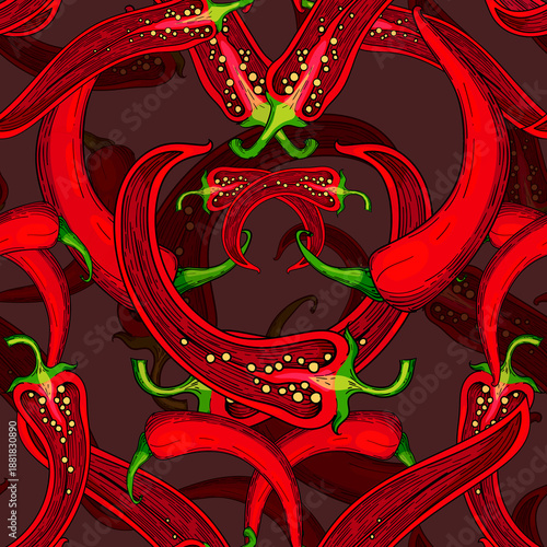Seamless pattern with red chili peppers on a dark background.