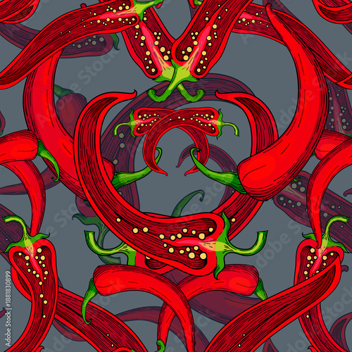 Seamless pattern with red chili peppers hand-drawn illustration featuring spicy chili pods with seeds and green stems, arranged in an ornamental repeating design.