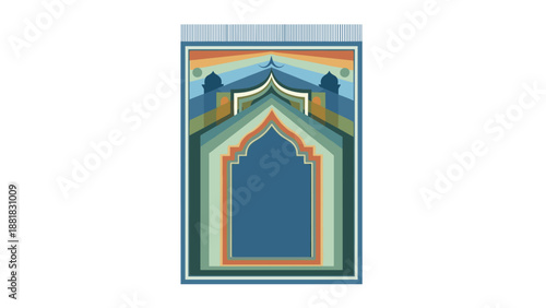 Islamic prayer rug with mosque arch design and vibrant colors, Generative AI.