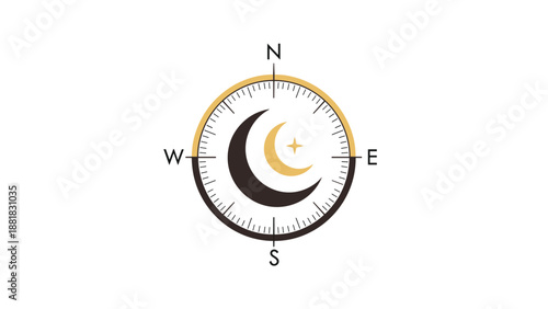 Islamic Qibla Compass with Crescent Moon and Star Symbol, Generative AI.