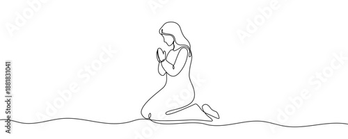 A woman kneeling in a prayer pose, symbolizing faith, humility, spirituality, and hope. Drawing in one line art style with editable black stroke. Vector illustration.