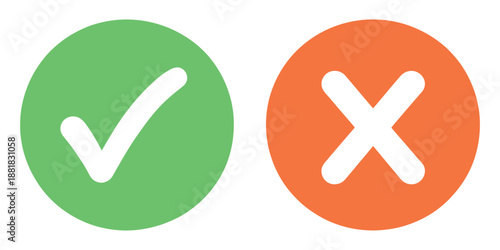 Soft green check mark and orange cross mark symbols in circles approval and rejection icons for web or app interface