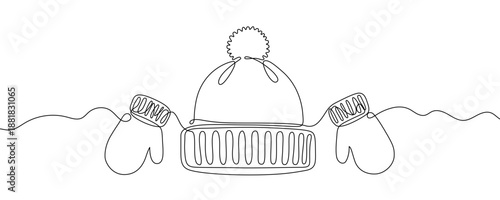 A winter knitted hat with a pom-pom and a pair of mittens on a wavy line, symbolizing warmth, winter holidays, and cozy warm clothing. Drawing in one line art style with editable black stroke. 