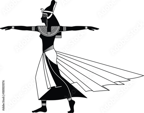 Ancient Egyptian goddess Isis silhouette vector illustration, black and white mythological figure with wings, antique history design element for culture and religion