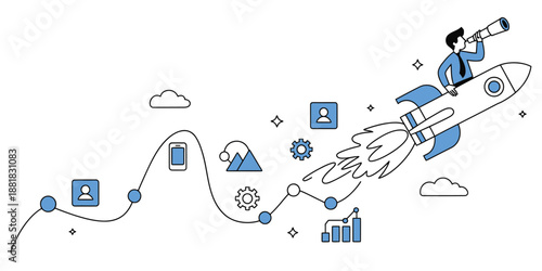 Businessman sitting on rocket flying up along growth chart path business success development strategy concept minimal line art illustration