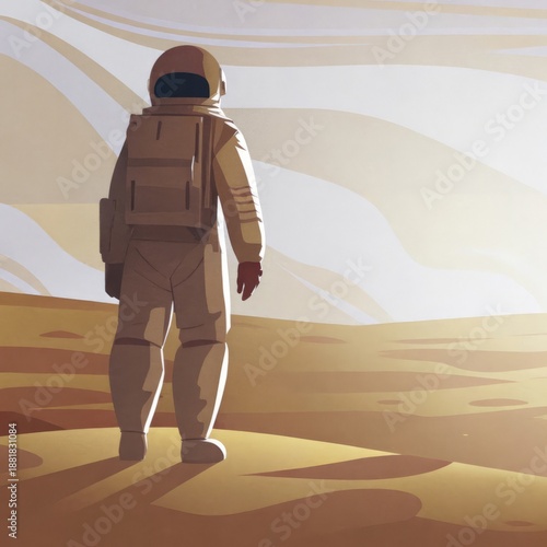 An astronaut in a spacesuit stands on the surface of the moon, surrounded by yellow light. Illustration in vector flat art style with shadows and gradients, rear view