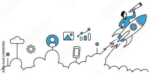 Businessman sitting on rocket flying up along growth chart path business success development strategy concept minimal line art illustration