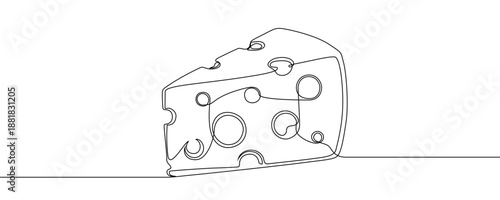 A triangular piece of cheese with large holes on a horizontal line. Drawing in one line art style with editable black stroke. Vector illustration.