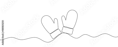 A pair of warm mittens connected by a string on a horizontal line. Drawing in one line art style with black stroke. Vector illustration.