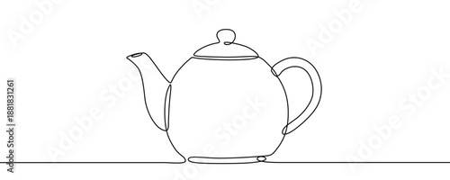 One continuous line of a classic teapot. Line art of a teapot with a lid. Drawing in one line style with a black stroke. Vector illustration.
