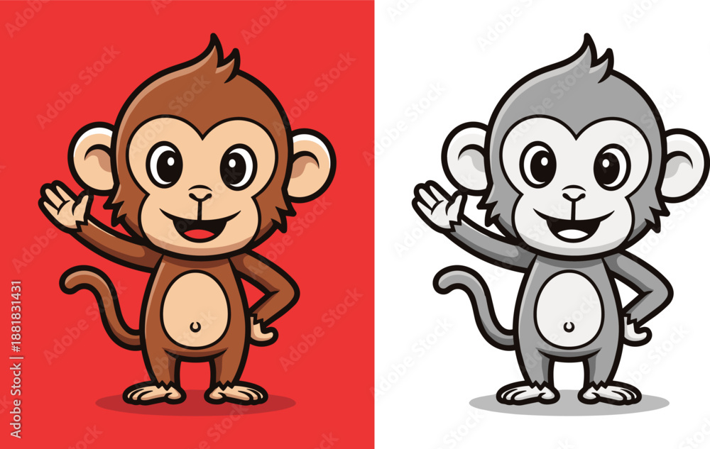 Naklejka premium Cartoon monkey character waving happy monkey icon.