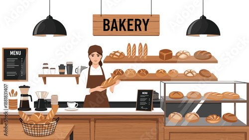 Bakery, shop, interior, with, female, baker, holding, bread, shelves, full, of, pastries, coffee, machine, menu, board, vector, illustration, isolated, cafe, counter, design.