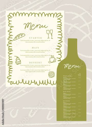 Sophisticated restaurant menu set featuring a cream-colored food menu with decorative navy blue wavy border and a navy blue wine bottle-shaped wine list. 