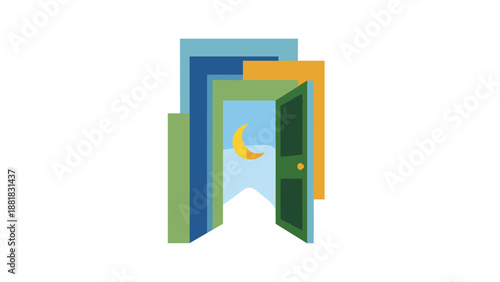 Multiple open doors leading to a bright sky with a crescent moon, Generative AI.