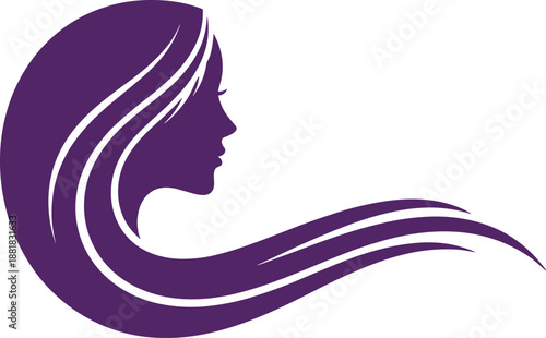 Beautiful woman profile with long flowing purple hair silhouette, elegant feminine beauty salon logo vector, hair care fashion icon, artistic girl illustration.