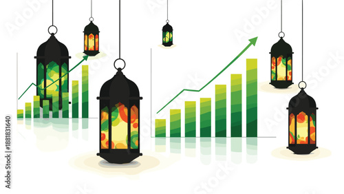 Ramadan lanterns and financial growth chart, Generative AI.