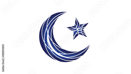 Stylized Blue Crescent Moon and Star Symbol, Generative AI.
