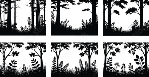 Black and white forest silhouette vector set featuring tree frames woodland landscapes with wild grass leaves and nature elements isolated on white background
