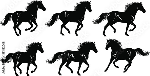 Black and white horse vector silhouettes set featuring majestic galloping stallions and running mustang figures in motion isolated on white background collection