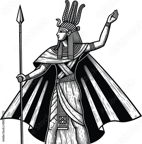 Black And White Vector Illustration Of An Ancient Egyptian Goddess Wearing A Feathered Headdress And Cape Holding A Spear In A Minimalist Style, (22 words)