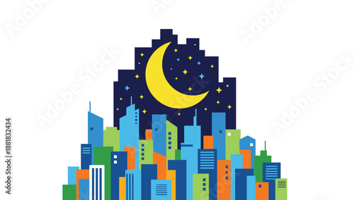 Vibrant Cityscape at Night with Crescent Moon and Stars, Generative AI.