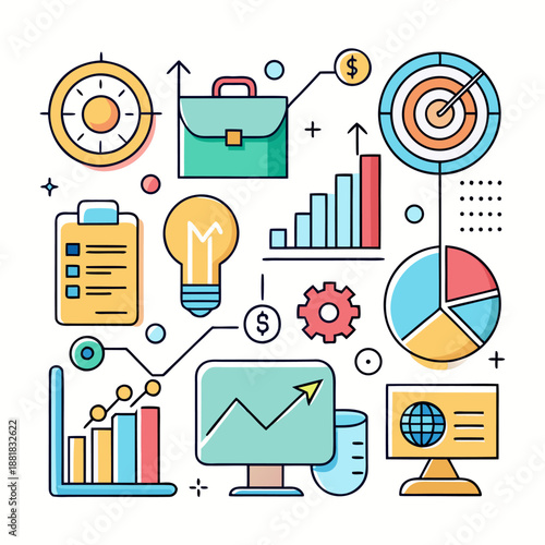 Business analytics icons in flat design with bright colors for presentation and web.