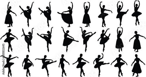 Black ballet dancer silhouette vector set featuring elegant ballerina poses graceful dancing women icons and classical dance figures isolated on white background collection