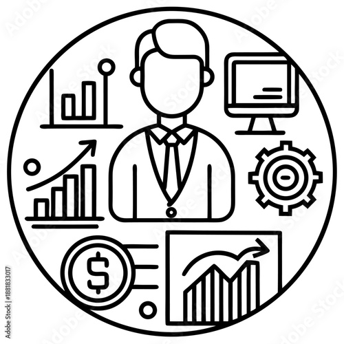 Business analytics icon in flat design with clean lines for financial planning.