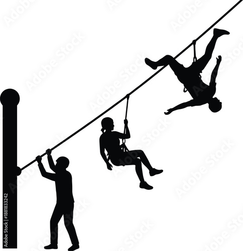 Adventure zipline silhouettes showing people riding and hanging from cable for outdoor extreme sports, recreational activity, adventure tourism graphics and sport lifestyle artwork