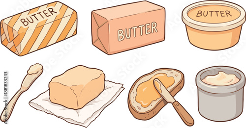 Collection of butter sticks, tubs and spreadable butter on bread for dairy food illustration, culinary graphics, cooking ingredient artwork and breakfast themed design resources