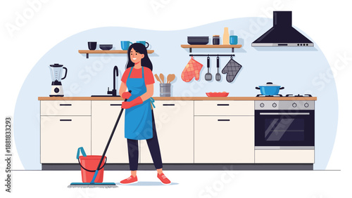 Diligent woman wearing an apron and gloves mops the floor in a clean modern kitchen with various appliances.