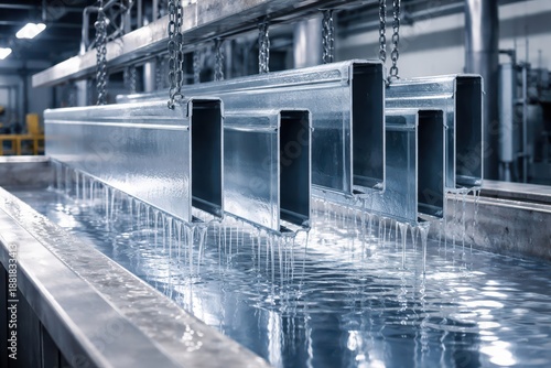 Industrial Dip Coating Of Panels And Profiles In Paint Bath. Automated production line where metal panels and profiles are immersed into liquid paint baths for uniform coating.