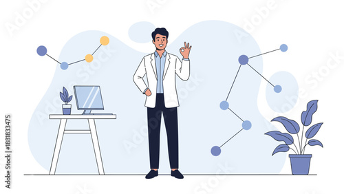 Professional scientist or doctor in a white lab coat gives an okay sign while standing in a modern laboratory.