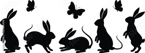 Collection of rabbit silhouettes in various playful poses with butterflies for spring wildlife illustration, Easter graphics, nature themed artwork and cute animal design resources